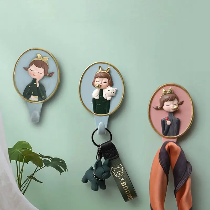 

Cartoon Girl Wall Hanging Hook Organizer Rack Free Punch Key Clothes Hats Bags Hanger Holder Hooks Home Wall Hanging