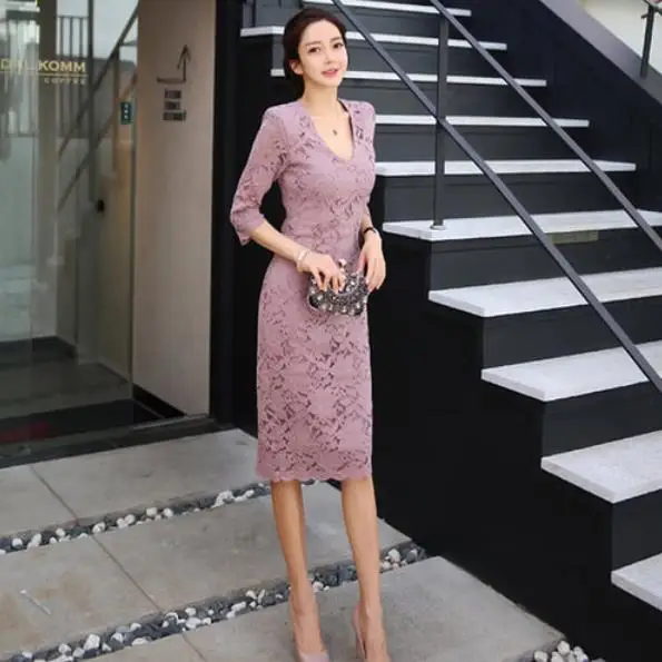 Кружевное платье весна осень тонкое облегающее миди женское v образный вырез