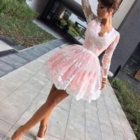 short a line pink homecoming dresses plunging sexy v neck white lace applique long sleeves cocktail prom vestidos de graduacion
