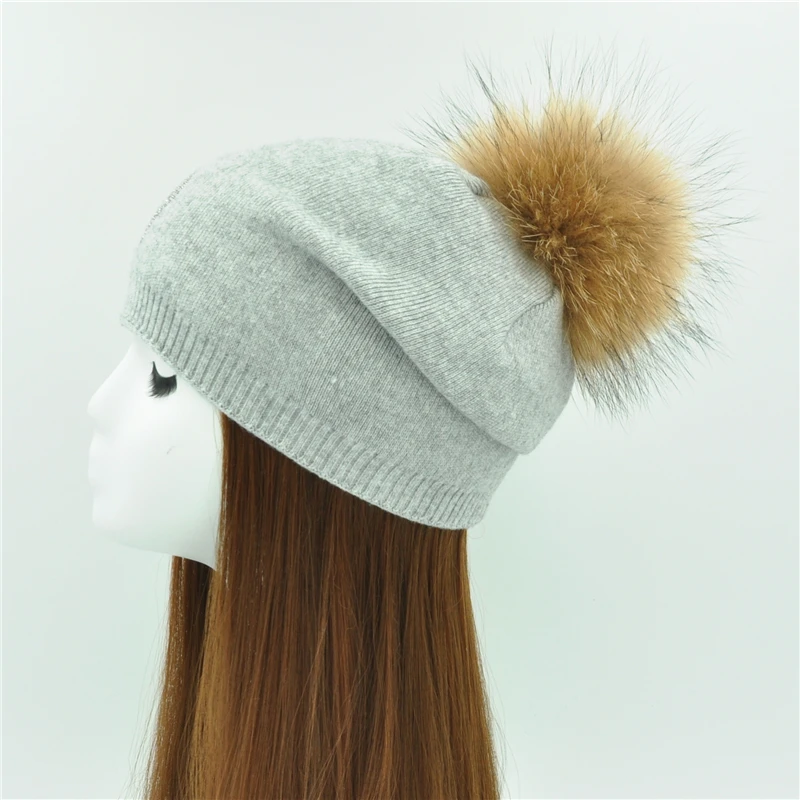 Real Fur Winter Hat Raccoon Fur Pom Pom Hats Shining Rhinestone For Women Brand Thick Women Hat Wholesale Knitted Beanies Cap