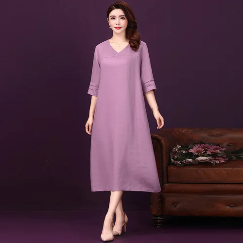 Женское однотонное платье с V-образным вырезом повседневное свободное