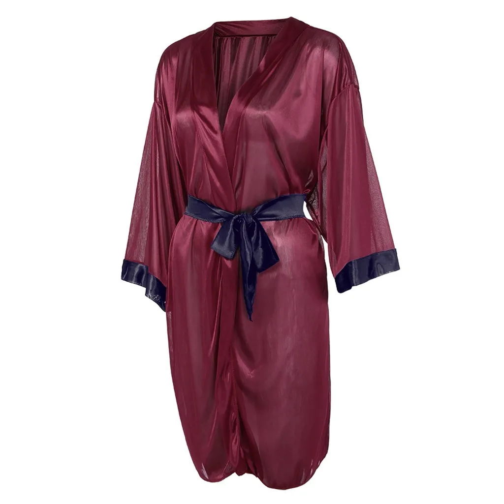 

Sleep tops Women Sexy Black Silk Satin Kimono Robe Lace Bathrobe Lingerie Sleepwear Pajamas robe sets dormir tops