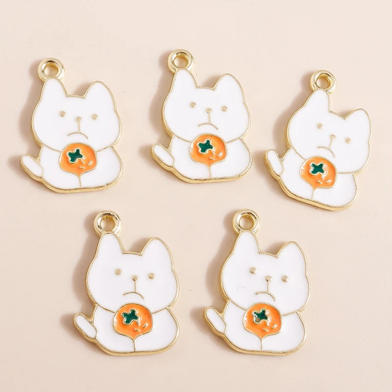 

10pcs 14*19mm Cartoon Frustrated White Cat Charms for Jewelry Makings Cat Eating Orange Necklaces Earrings Making Accessories