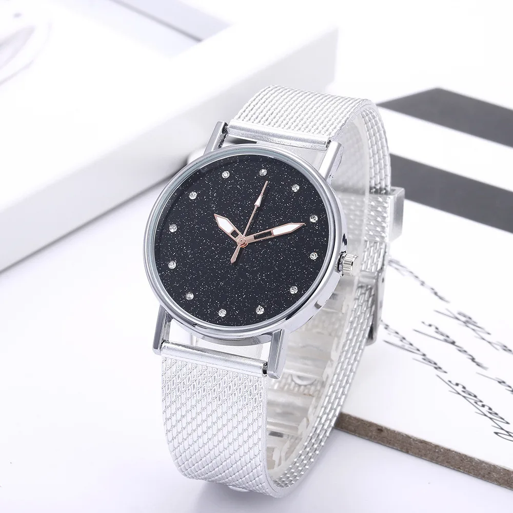 

Женские кварцевые часы с металлической сеткой, серебристые повседневные часы с инкрустацией бриллиантами из нержавеющей стали, 2020