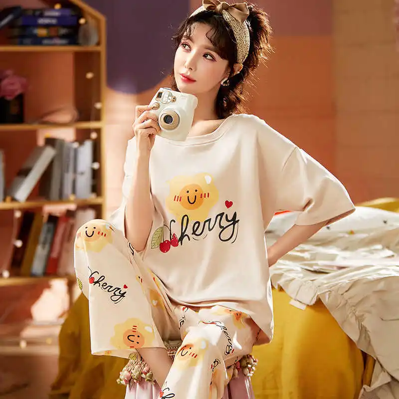 

Summer Pajamas Women's Knitting Cotton Leisure Korean Sweet Home Wear Two Piece Suit Can Be Worn Out home clothing
