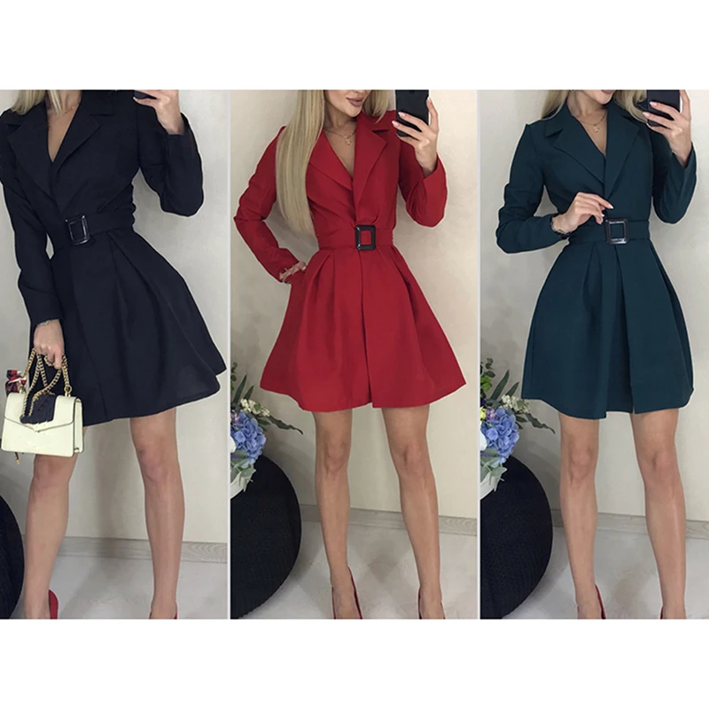 

Women Fashion Elegant Dress A-Line Shirt Dress Summer Long Sleeve Solid Casual Dress Fashion Design OL Dresses Ropa Mujer