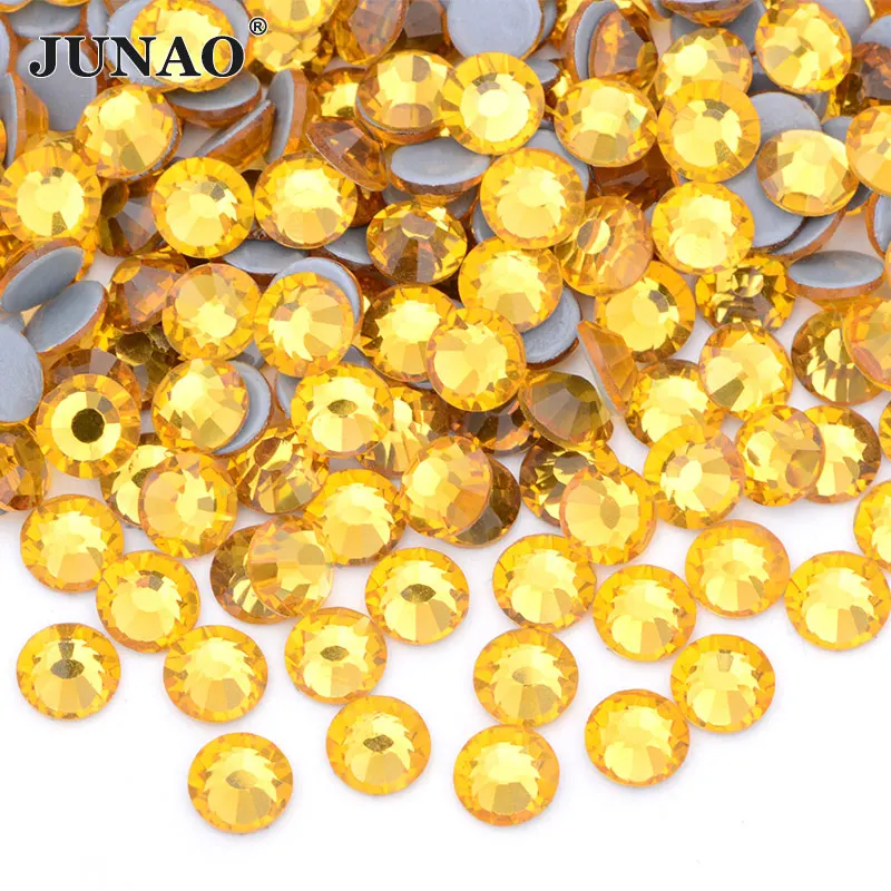 JUNAO SS6 8 10 12 16 20 30 Lt.Topaz Hotfix Glass Rhinestone Round Flatback Strass Applique Iron on Transfer Crystal Stone | Дом и сад
