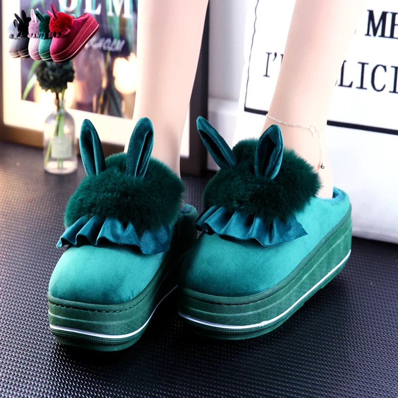 

Ladies Cotton Slippers Winter 2021 Korean Cute Slope With Thick Bottom High Heels Warm Non-slip Slippers Indoor and Outdoor.