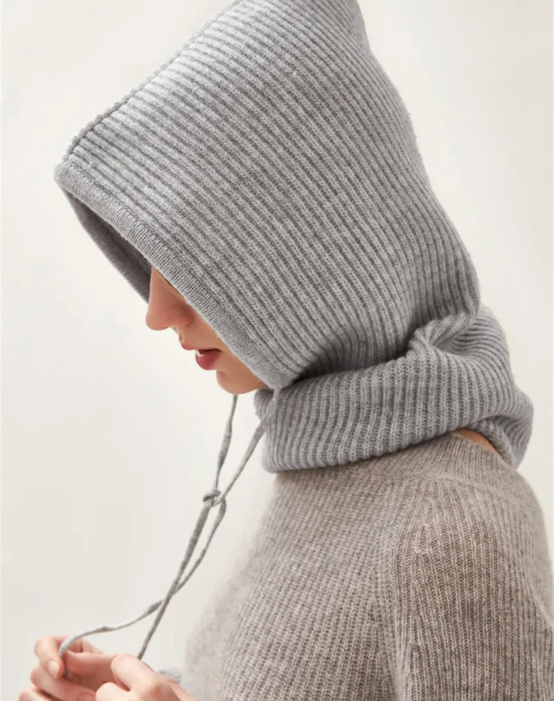 100%merino wool knit hooded scarf beanies adjustable size 35x50cm for unisex