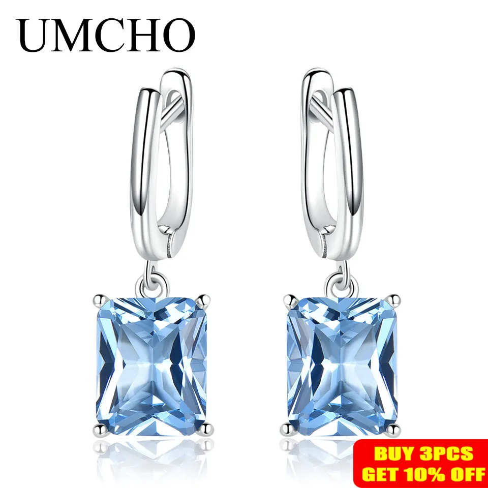 UMCHO Nano Blue Topaz Висячие серьги для женщин из натуральной 925 пробы серебра Романтические Свадебные обручальные драгоценные камни хорошее ювелирное изделие подарок