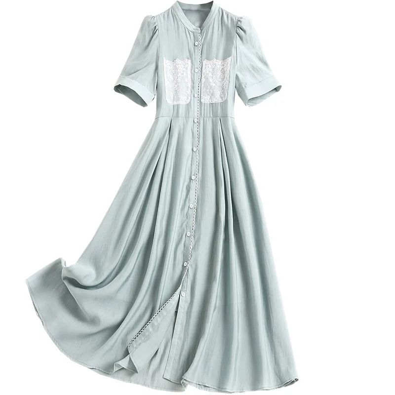 

Women office lady elegant shirt dress spring summer 2021 designer lace pockets short sleeve a line tencel midi dresses green