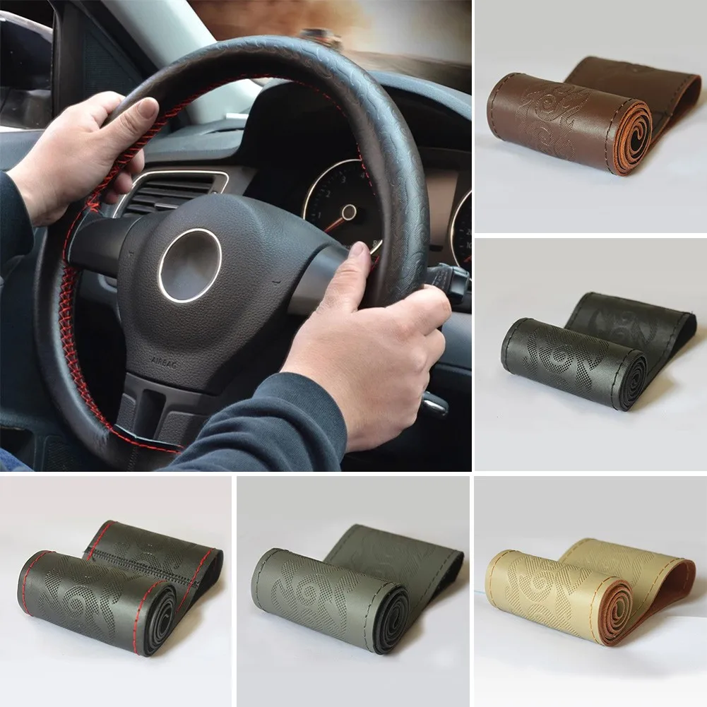 

100% Real Cowhide Car Hand-sewn Soft Non-slip Steering Wheel Cover DIY 38CM Steering Wheel Cover