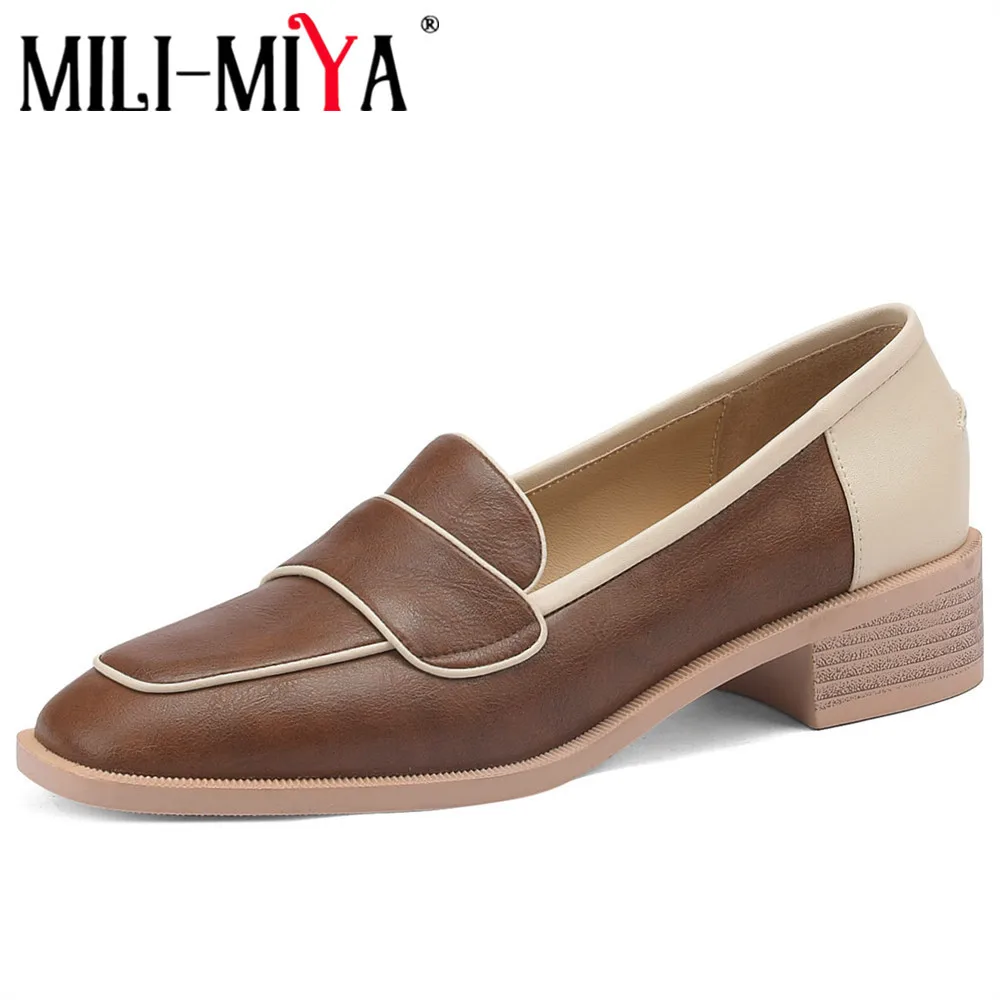 MILI-MIYA INS HOT Women Pumps Genuine Leather Fashion British Basic Mixed Colors Square Toe Low Thick Heels Dress Daily Life Sho