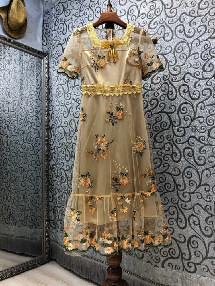 

Женское винтажное платье с коротким рукавом, элегантное праздничное привлекательное Сетчатое платье миди из тюля с квадратным вырезом и из...