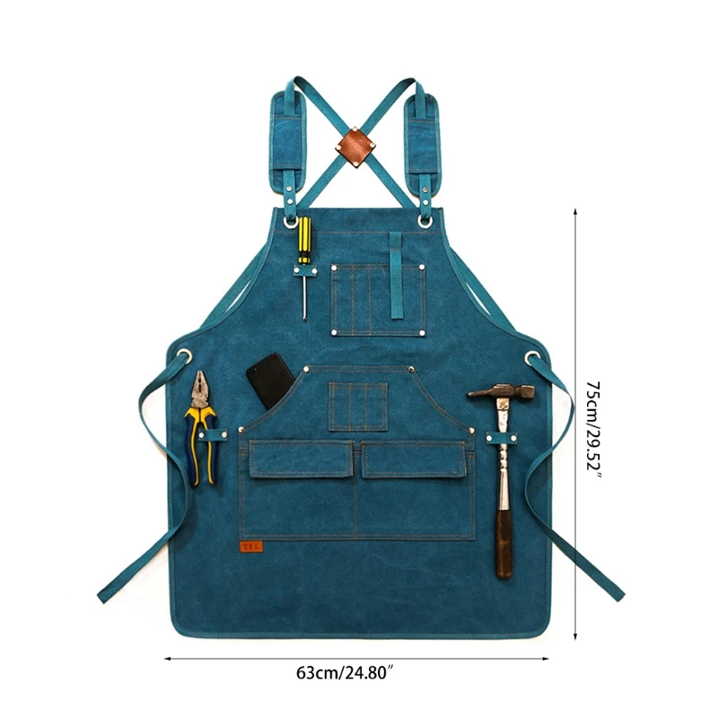 

Men Women Canvas Denim Work Apron Adjustable Cross Back Straps Chef Aprons with Multi Pockets for Kitchen Cooking BBQ