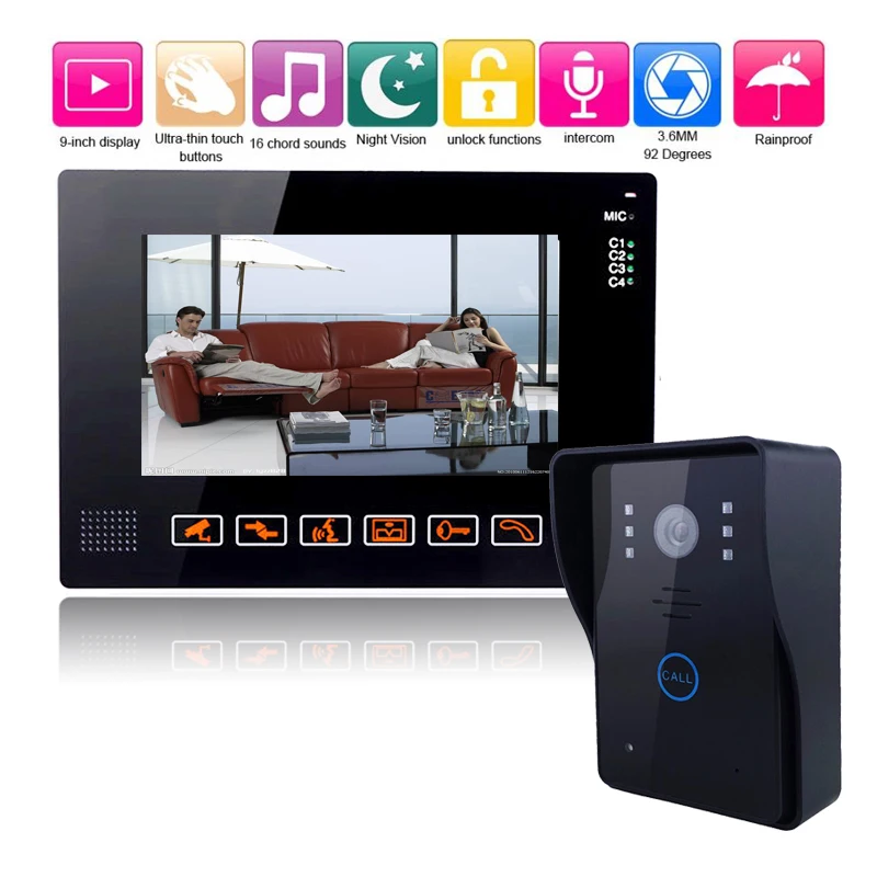9 Inch Video Door Phone Intercom Doorbell Touch Button Unlock 1000TVL CMOS Camera Night Vision Rainproof Security