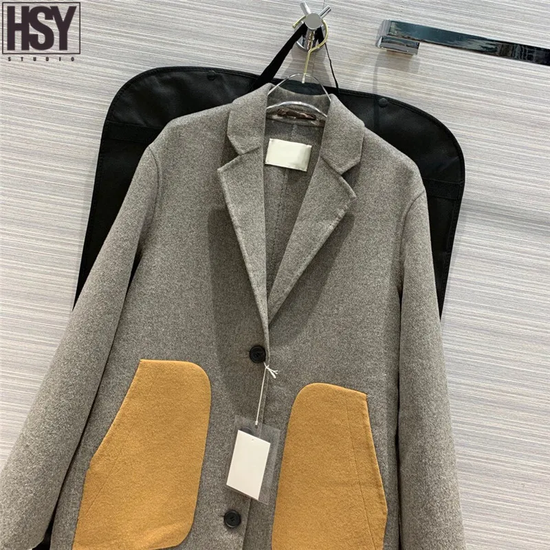 【HSY】2019 Осень Зима Новое Женское пальто камень серый микс изысканный цвет патч