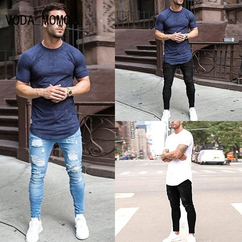 Джинсы для мужчин на пуговицах шорты с дырками Стрейчевые зауженные брюки из