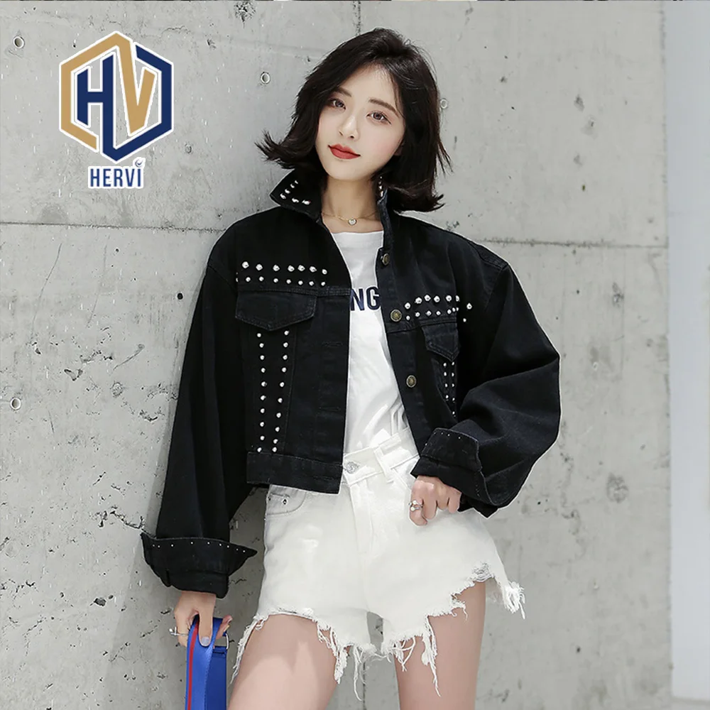 Шипованная Потертая джинсовая куртка осенние женские пальто черные нагрудные
