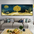 Современный абстрактный Золотой дерево и пейзаж с оленем на холсте Картины настенные картины для Декор в гостиную (без рамки)