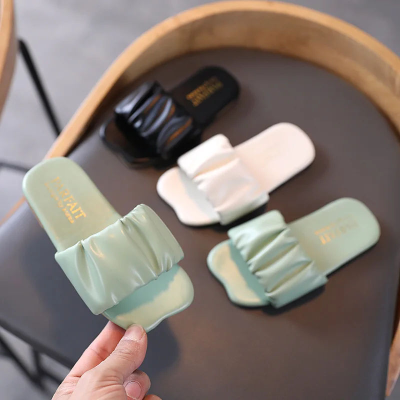 

Girls House Slippers Fashion Princess Sweet Simple Children Beach Slippers Indoor Outdoor Slides Pleated Ruffles Summer Slippers
