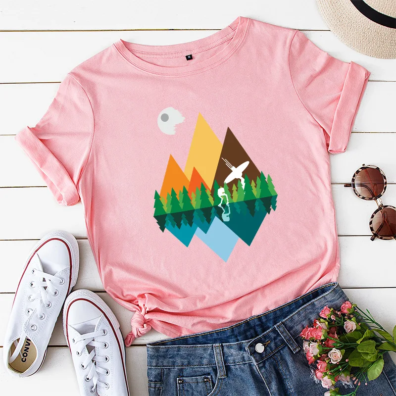 

Women Short Sleeve Cotton T-Shirts Landscape Plants Graphic Tees Summer Tee Tops for Female Loose Casual Oversized Tee Clothes