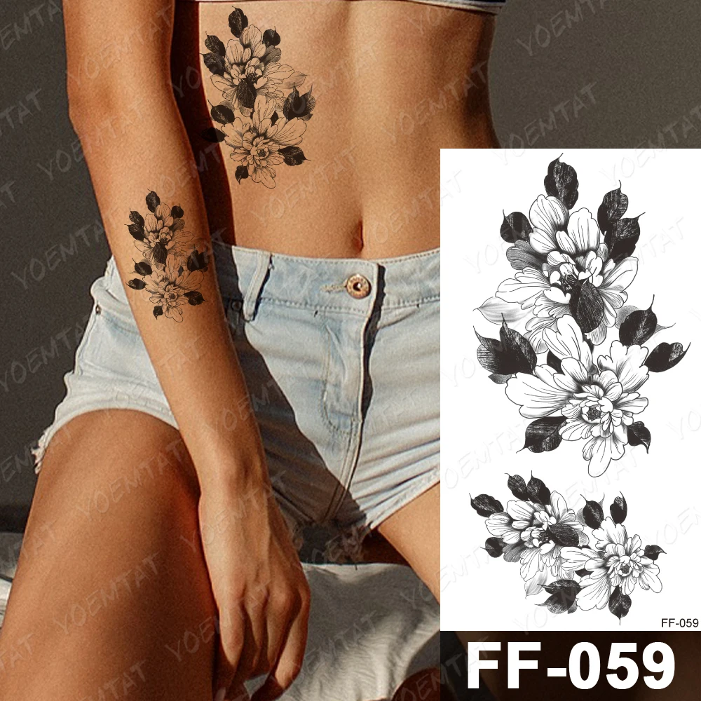 

Waterproof Temporary Tattoo Sticker Peony Chrysanthemum Black Flash Tattoos Female Sketch Line Body Art Arm Waist Fake Tatto
