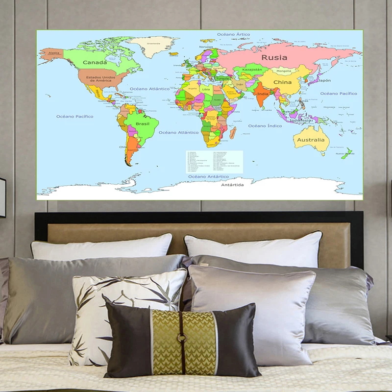 

225*150cm Political Map Of The World Non-woven Canvas Painting Wall Art Poster Home Decoration Study Supplies In Spanish