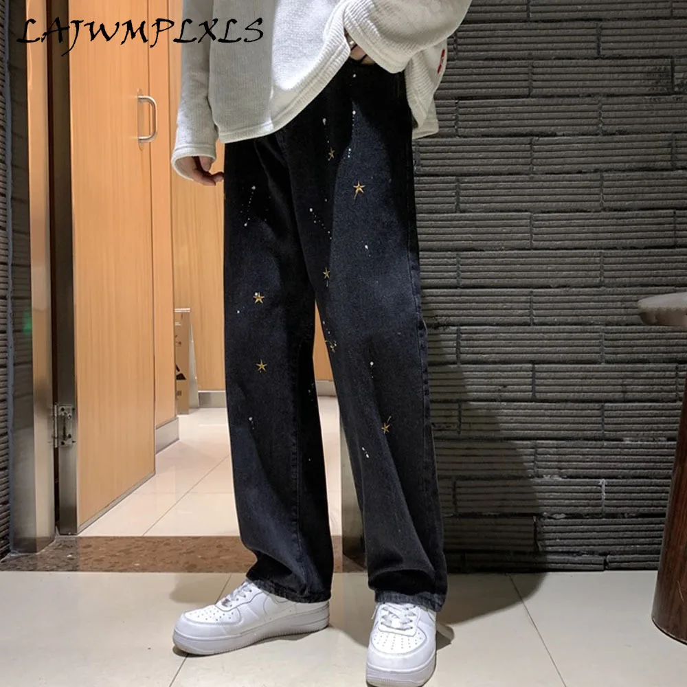 

Washed Jeans Embroidery Stars Wide-leg Straight Pants Casual Youth Fashion Denim Trousers Loose Simple Jean Men Four Seasons
