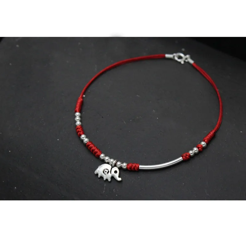 Серебряные женские браслеты на щиколотку с оберегом слона, удачной веревкой и красной ниткой.