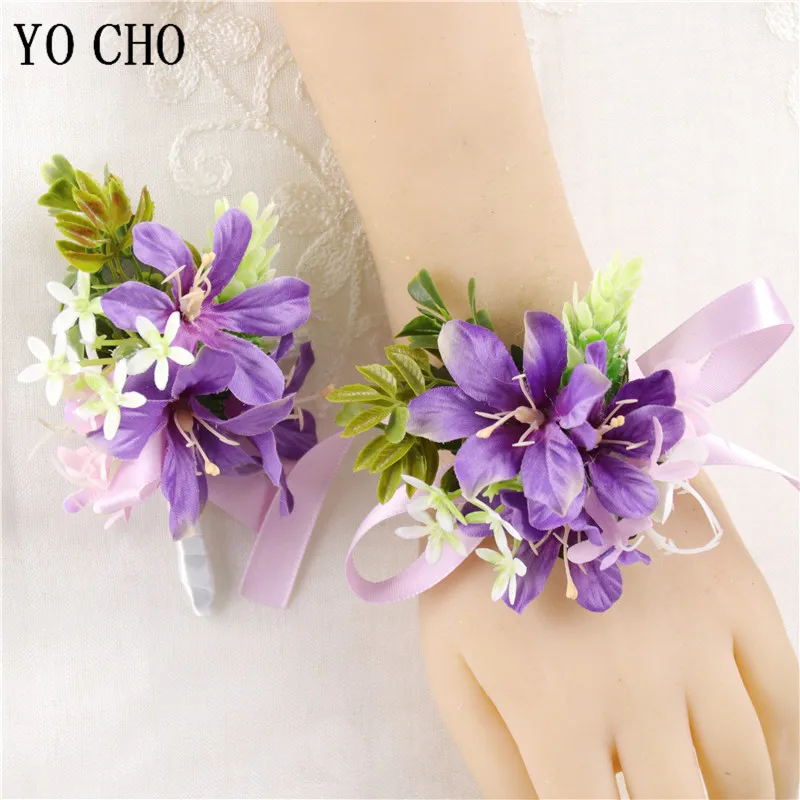 Фиолетовый корсажный браслет для подружки невесты шелковые цветы свадебный