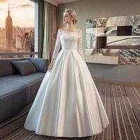 scoop neck lace satin pastrol wedding dress with lace 34 long sleeves plus size floor length bridal gown vestidos de novia 2022
