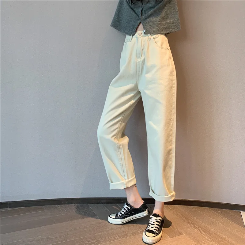 

Hot Korean Version Of Loose Casual Thin Wide-Leg Jeans Women 2021 Spring New Wild Fashion White Straight Nine-Point Pants