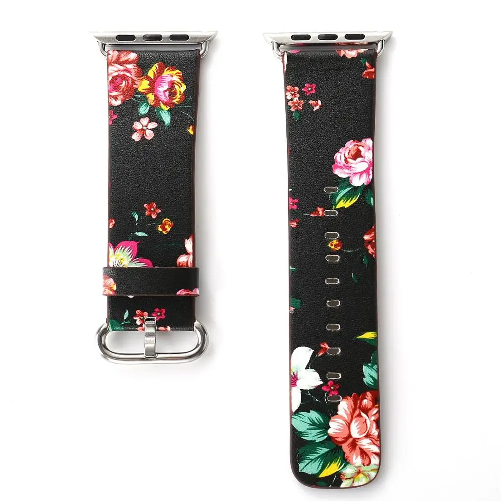 Genuine Leather Watch Band For Apple Watch Strap 44mm 40mm 38mm 42mm Women Flower Print Band Bracelet For Iwatch Series 6 5 SE