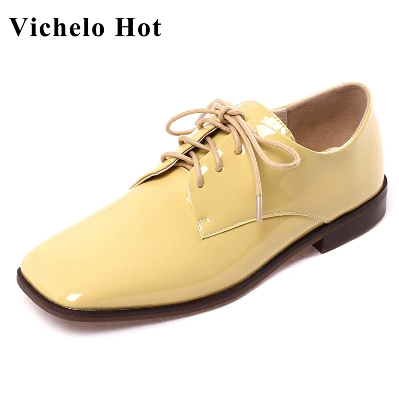 

Vichelo Hot new genuine leather square toe low heels simple style British school breathable high quality lace up women pumps L14