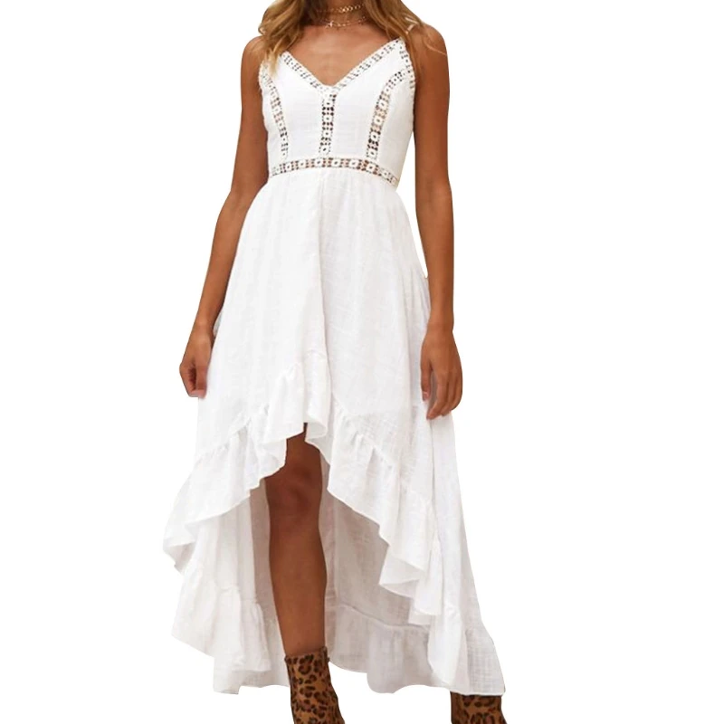 

Women Summer Sapghetti Strap Sexy V-Neck Asymmetric White Long Dress Hollow Out Crochet Lace Patchwork High Waist Ruffles Boho