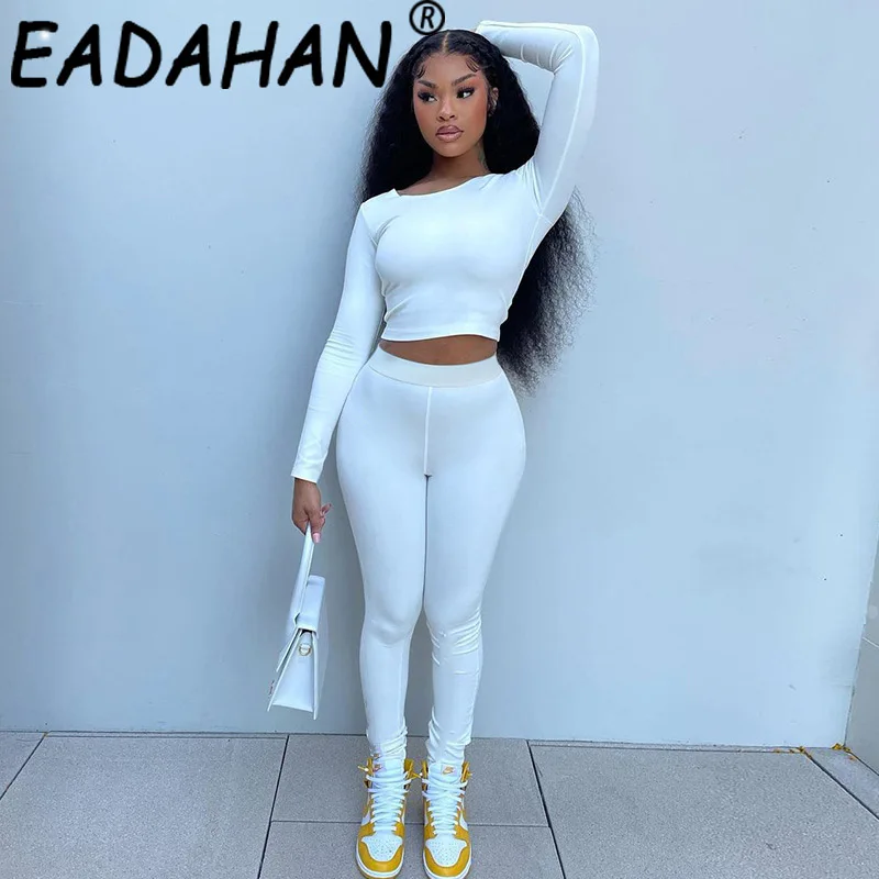 

Eadahan 2021 New Type Solid Color Round Neck Long-sleeved Back Corns with Rope Straps Slim Trousers Suit