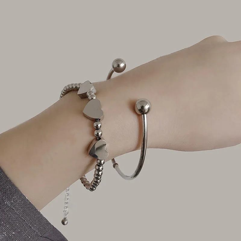 

Silver Color Heart Letter Round Card Love Heart Bracelet Female Fashion Retro Simple Personality Romantic Adjust