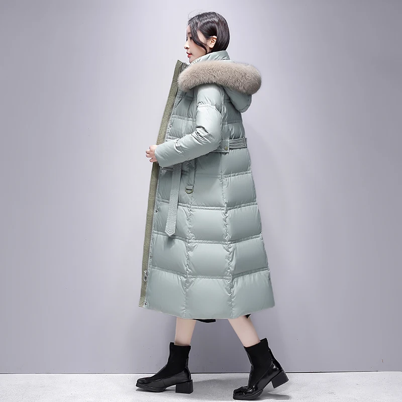 Down Jacket Women's New Fashion Long below Knee Thickening Cinched Hoodie Fox Fur Jacket women coat