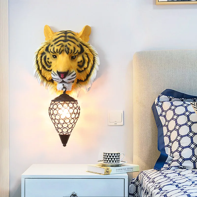 

Hotel Lobby Living Room Background Creative Tiger Head Decoration Wall Lamp Bar Aisle Bathroom Light Bedroom Bedside Wall Lights