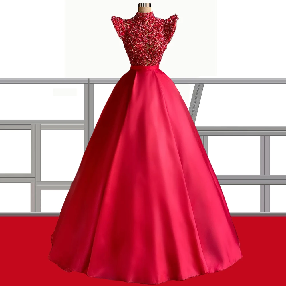 

Muslim Red A Line Prom Dress High Neck Cap Sleeve Floral Beaded Satin Celebrity dresses High Neck vestido de fiesta