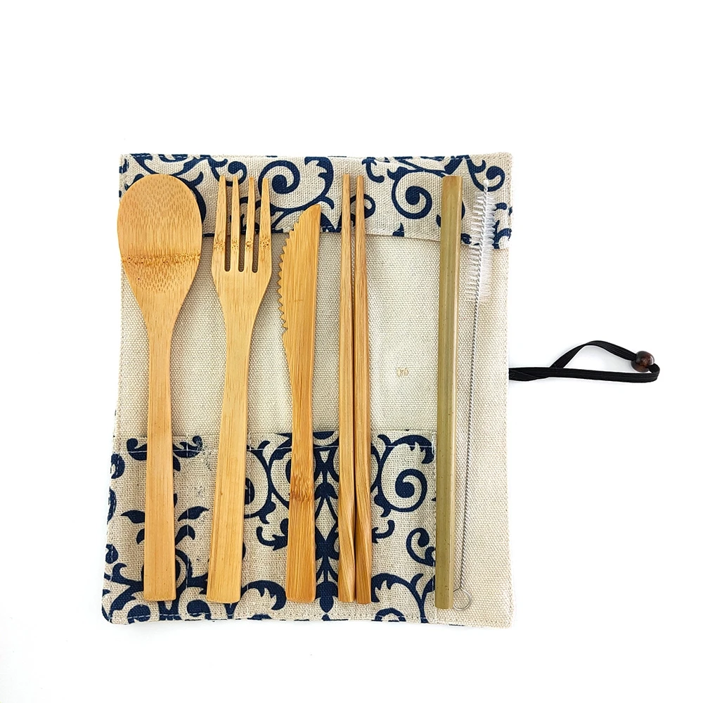 Набор столовых приборов из бамбука деревянная солома с дорожной тканевой сумкой