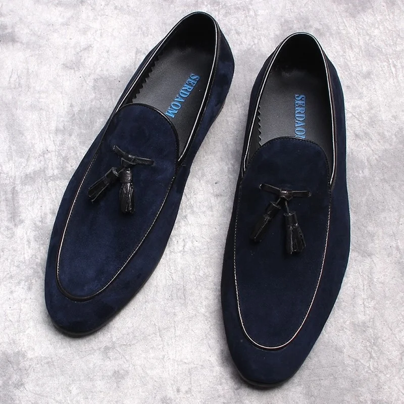 

C·G·N·P High Quality Slip On Blue Suede Shoes Men Business Casual Shoes Handmade Tassels Loafers Men Dress Shoes Mens Prom Shoes