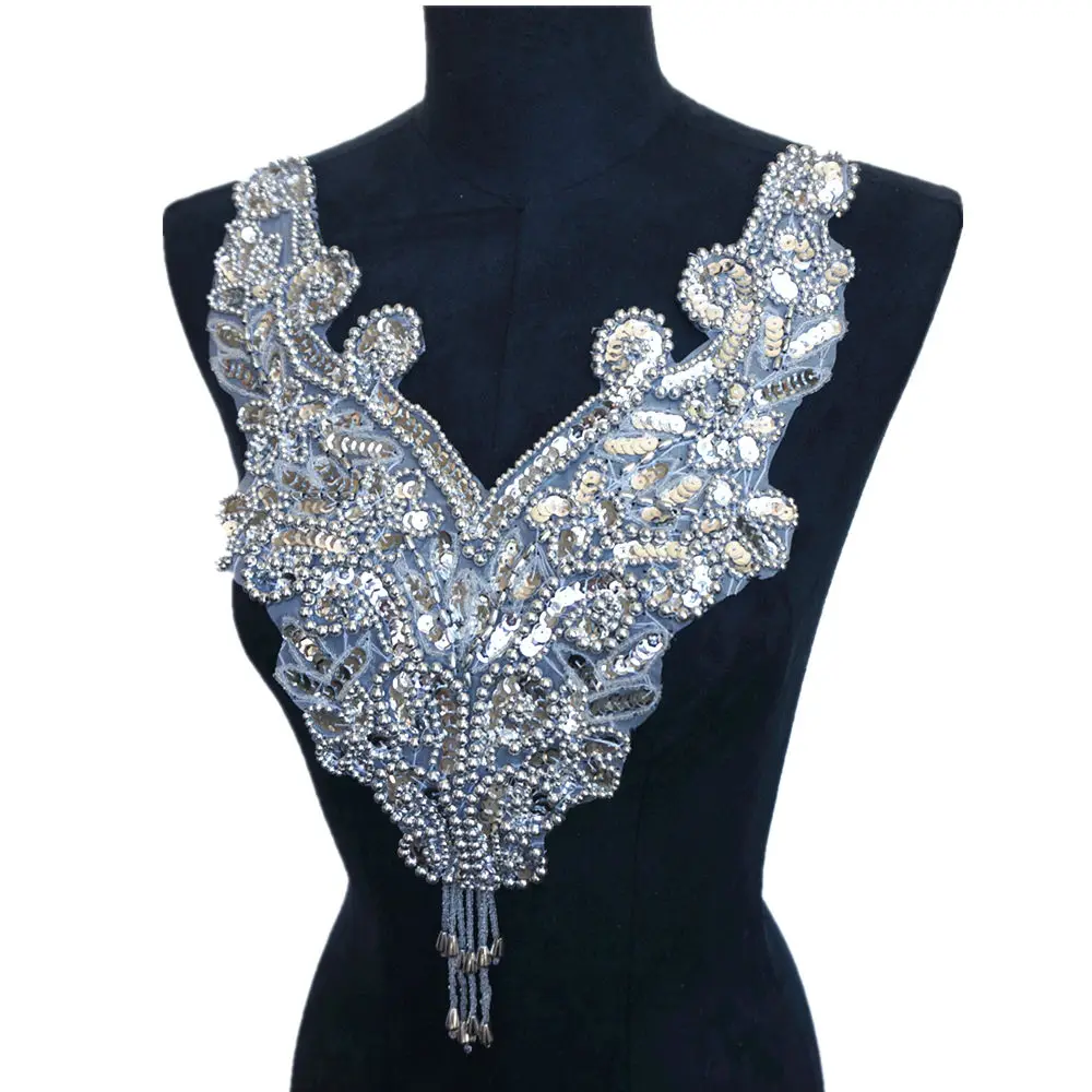 Серебряные Блестки бусины ткань воротник аппликации пришивать патч благородная