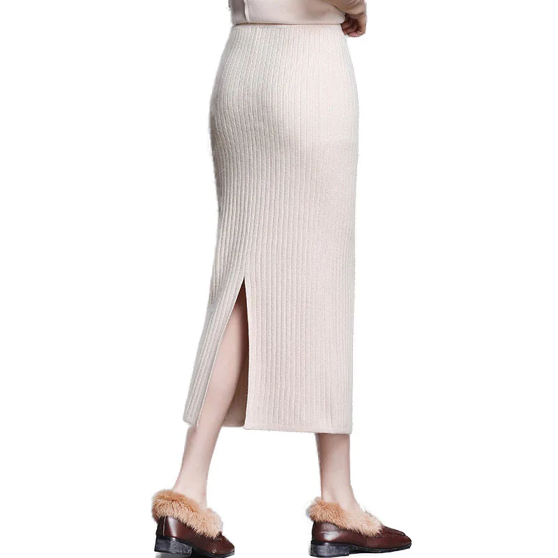 Осень Зима Новая высокая поясная сумка вязаная шерстяная юбка длинная удобная