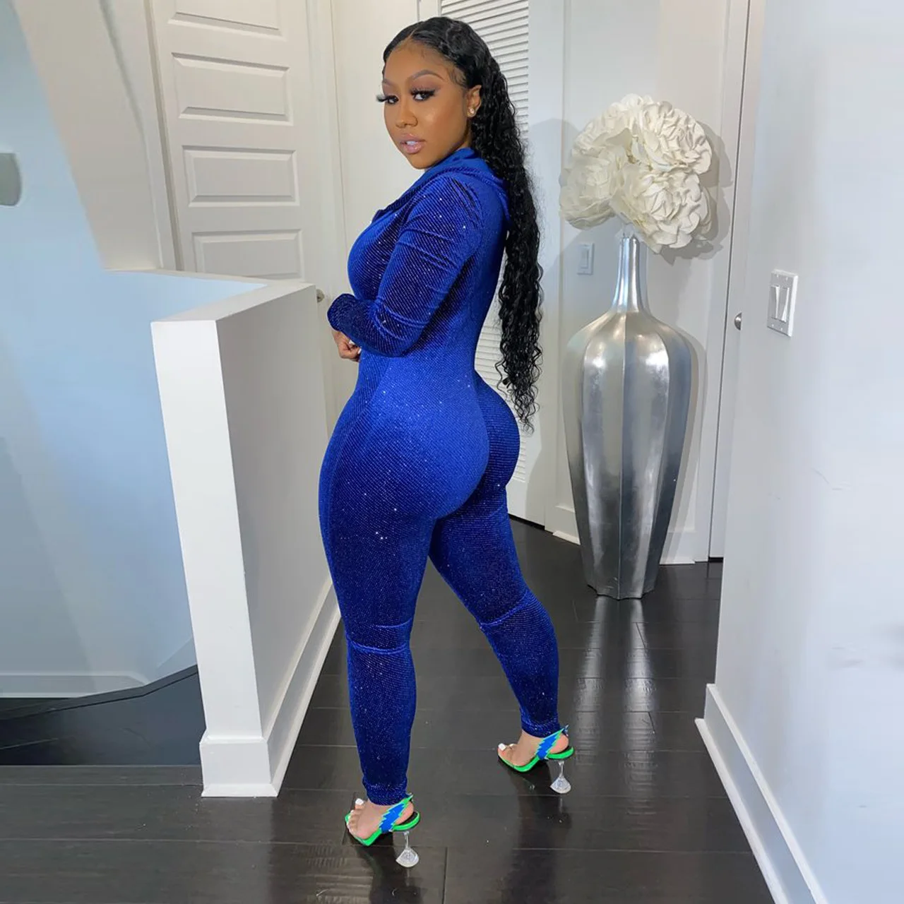Autumn Woman Long Sleeve Tight Rompers Solid Color Sequined Velvet Hooded Jumpsuit Bodycon Jumpsuits for Women