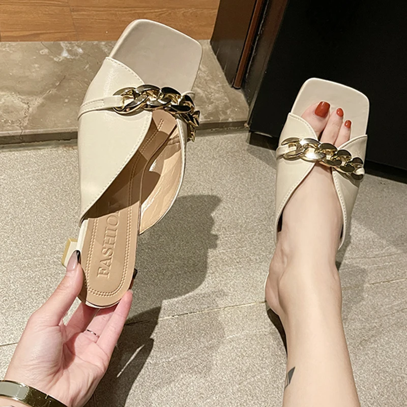 

High-Heeled Shoes Lady Peep Toe Ladies' Slippers Med Rivet Slipers Women 2021 Basic Metal Decoration Slides Rubber Scandals PU