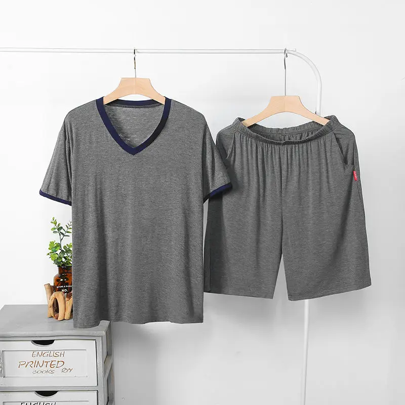 Summer Pajamas Set Casual/Sexy PJS For Men Black/Grey Elastic Shirt Shorts Men's Modal V/O Neck Fashion Clothes Man NEW Homewear