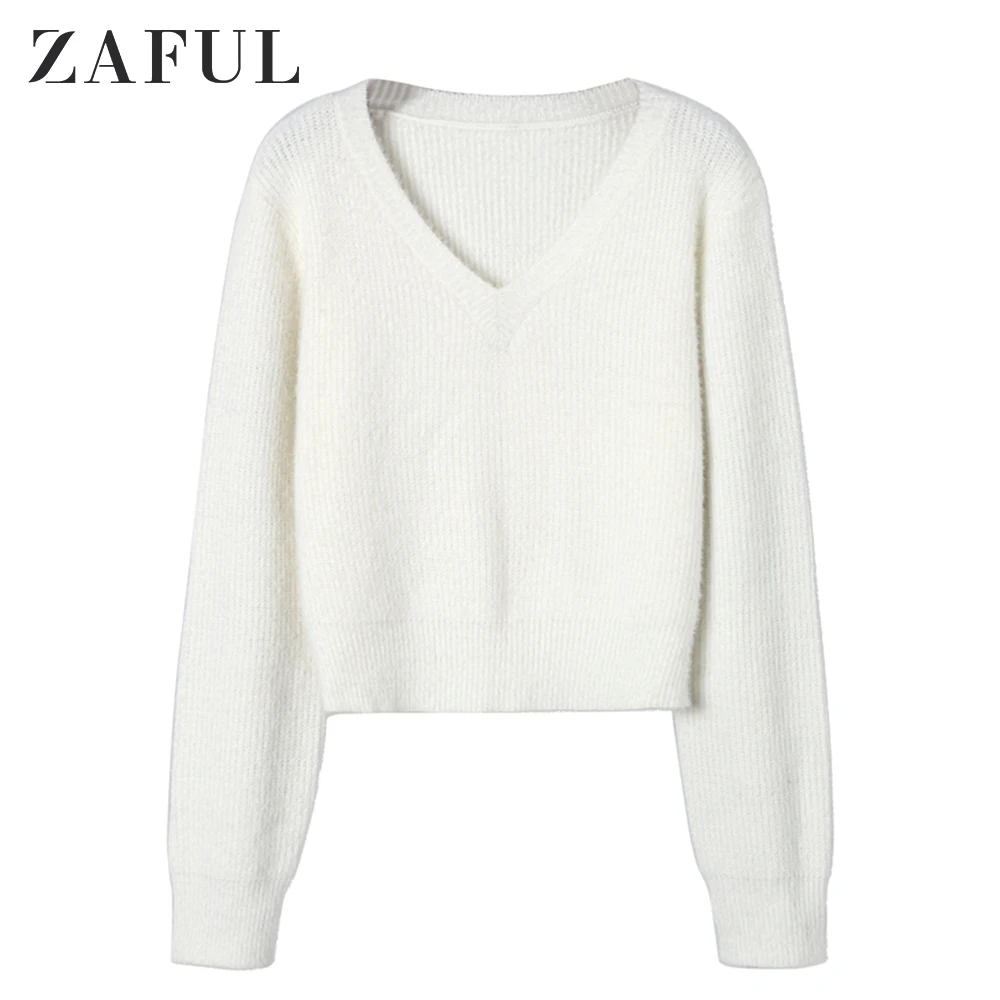 Фото ZAFUL Fuzzy V Neck Fluffy Knit Sweater Autumn Winter Soft Warm Short Women Elastic Knitted Pullovers New Crop Sweaters Женская одежда ZAFUL Fuzzy V Neck Fluffy Knit Sweater Autumn Winter Soft Warm Short Women Elastic Knitted Pullovers New Crop Sweaters Женская одежда