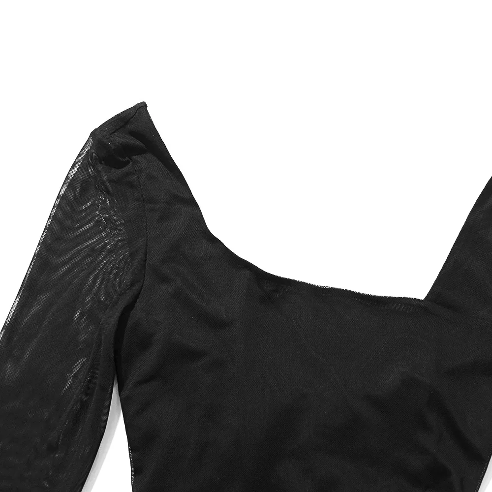 

Mesh Spliced Pleated Sexy Bodycon Dress Long Sleeve O Neck Backless Mini Party Dress Solid Black Lace Up Back Spring Women Dress